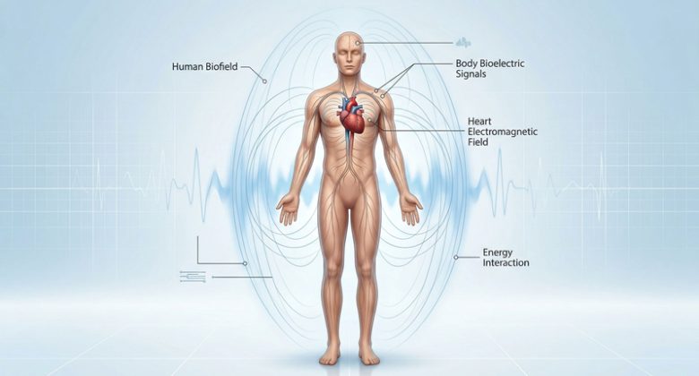 Scientific diagram showing the human body, heart energy, and the human biofield around the body.