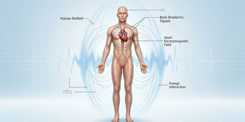Scientific diagram showing the human body, heart energy, and the human biofield around the body.