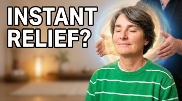 Woman experiencing instant relief during a no-touch energy demonstration showing human biofield interaction.