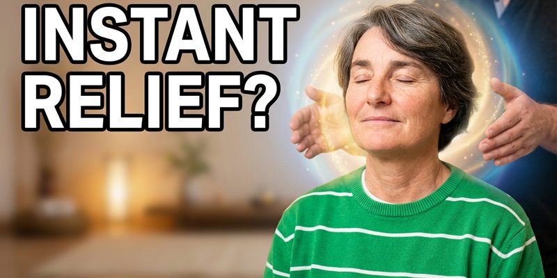 Woman experiencing instant relief during a no-touch energy demonstration showing human biofield interaction.