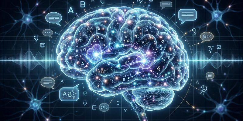Neurolingvistika – ilustracija mozga i neuronskih mreža koje prikazuju kako mozak razumije i obrađuje jezik