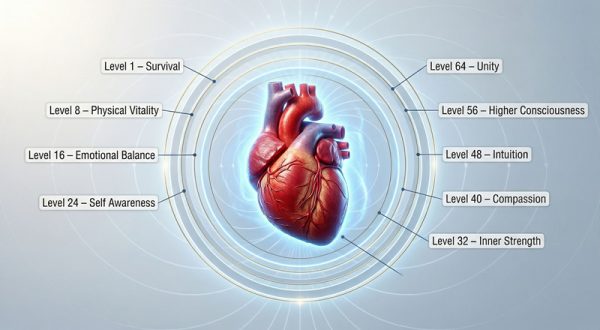 Dijagram ljudskog srca s prikazom razina srca i energetskih slojeva ljudskog biopolja