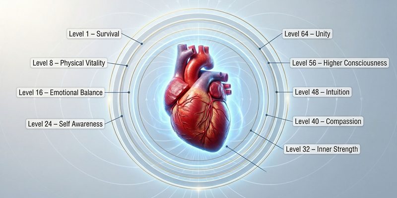 Dijagram ljudskog srca s prikazom razina srca i energetskih slojeva ljudskog biopolja